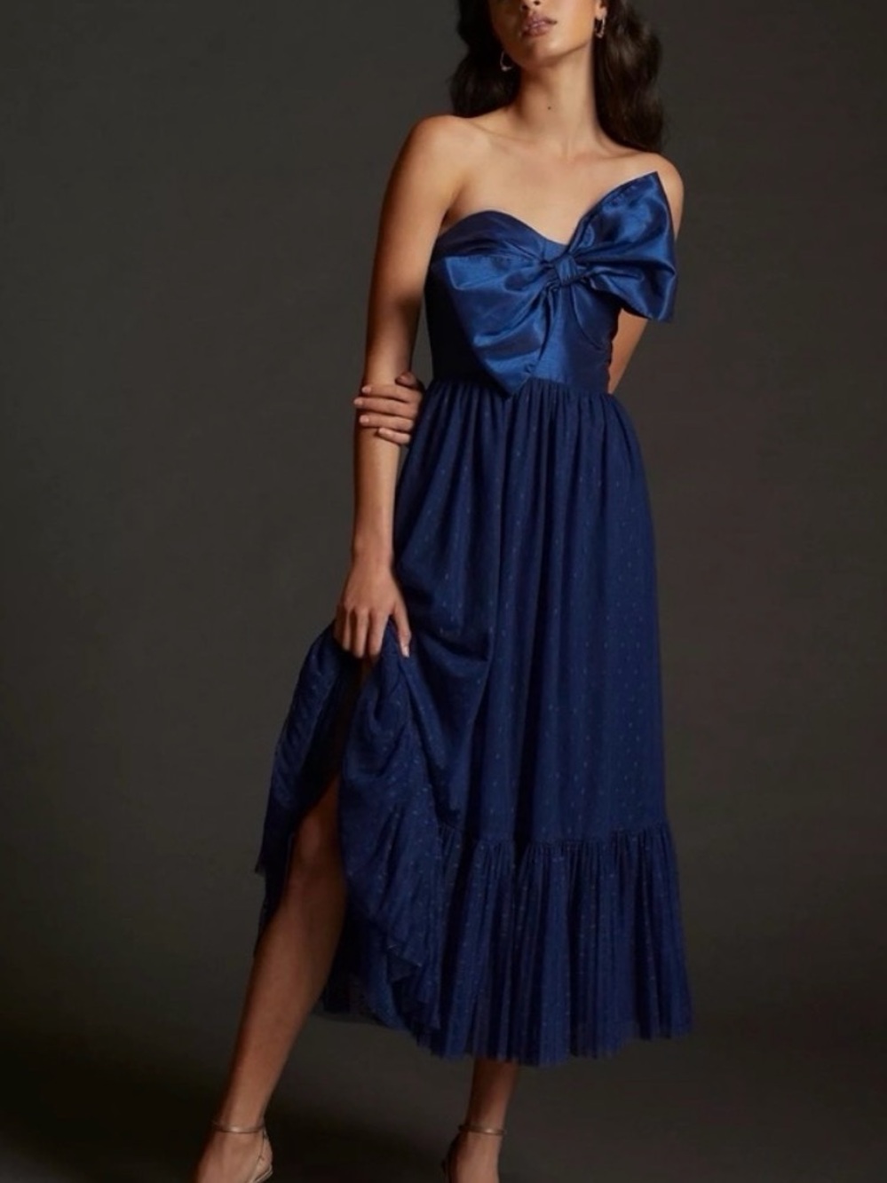 Hutch Anthropologie Strapless Navy Blue Midi Dress with Statement Bow